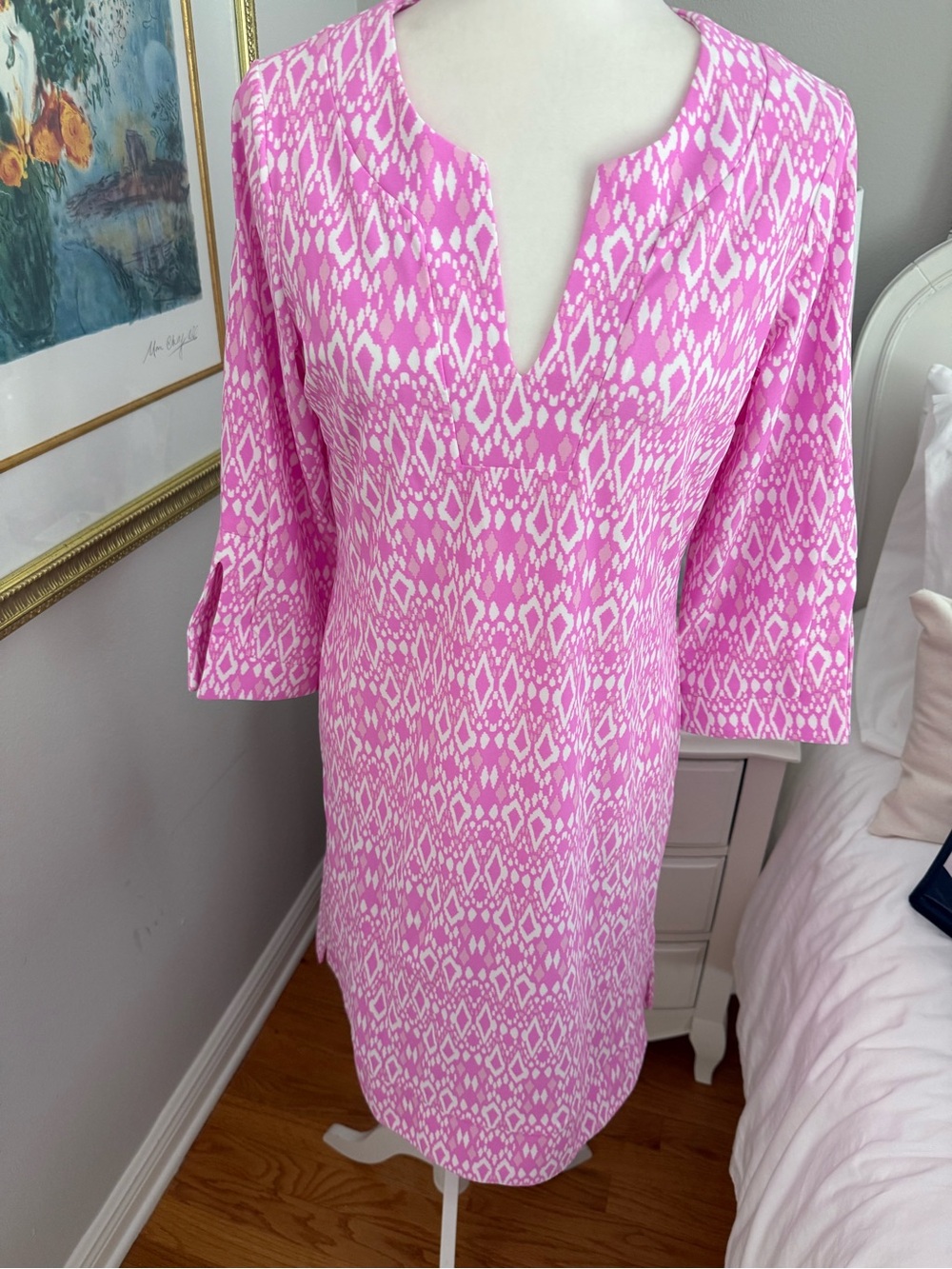 Jude Connally Pink and White V-Notch Midi Megan Dress